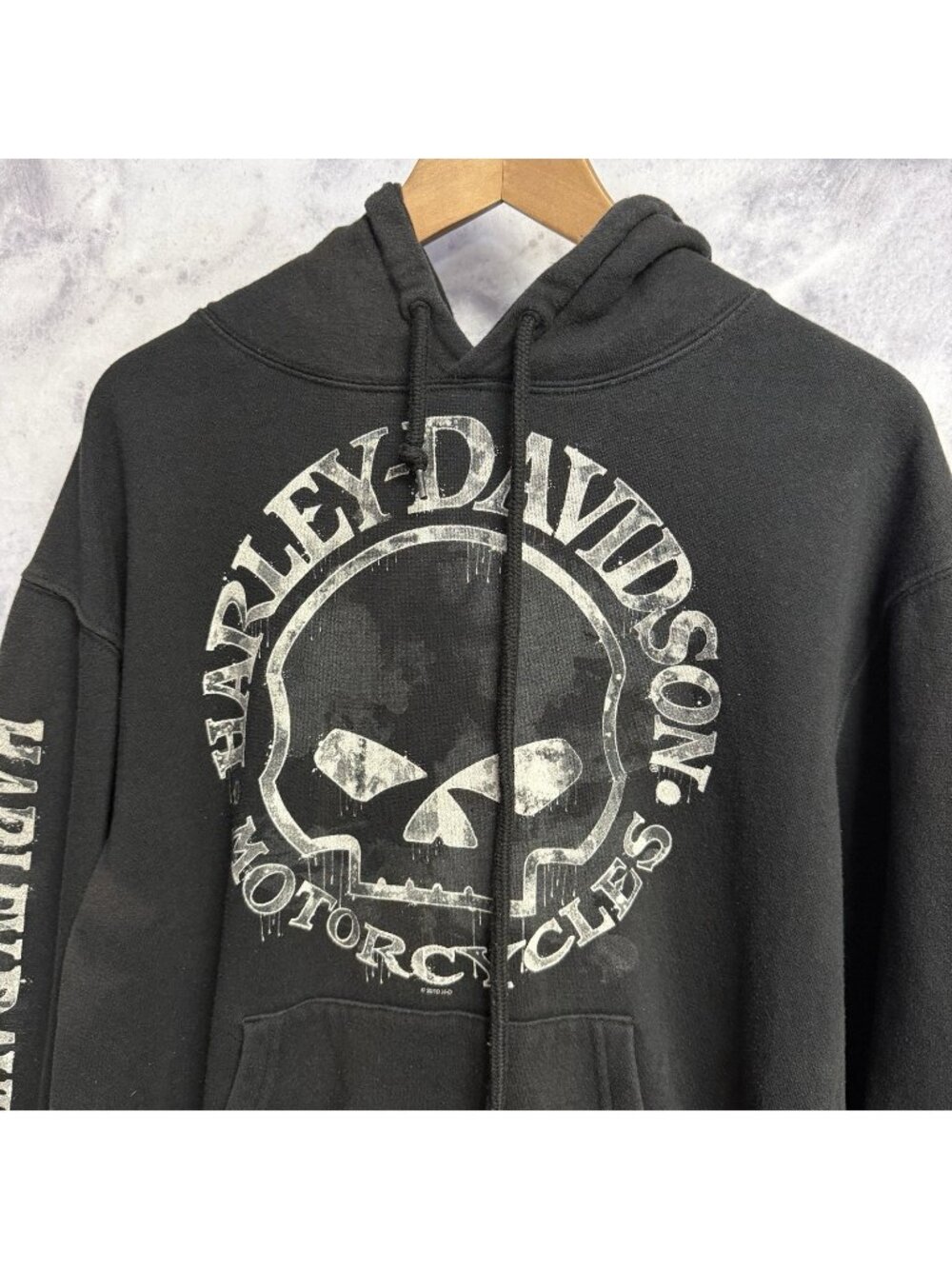Harley Davidson Hoodie Mens Medium M Black Grunge Biker Military Sweatshirt